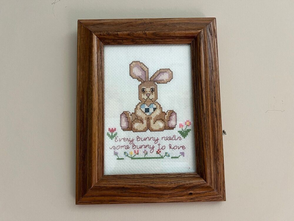 1980s VTG Spring Easter Bunny Heart Needlepoint Cross Stitch Handmade Art Piece